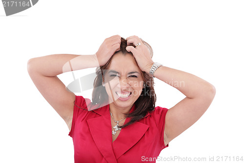 Image of Woman looking shocked and angry against white background 