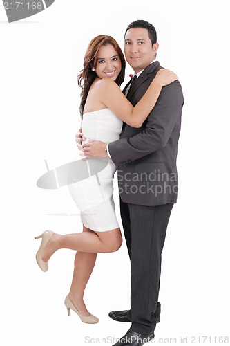 Image of Young happy couple love smiling, standing full length portrait, 