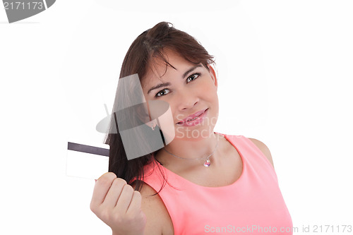 Image of Close-up portrait of young smiling business woman holding credit