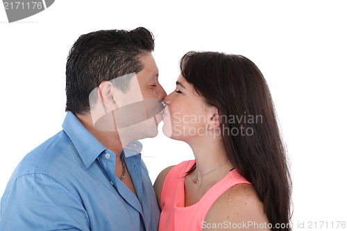 Image of Isolated young casual couple kissing