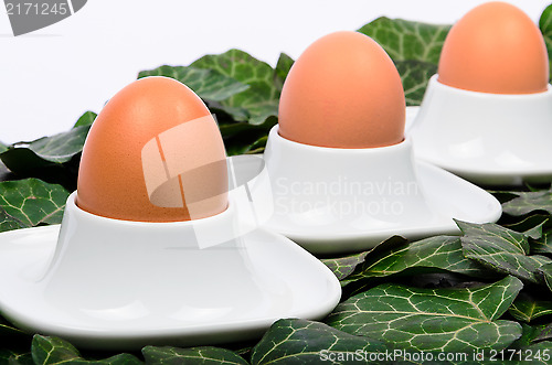 Image of A series of three eggs and egg cups on a green background