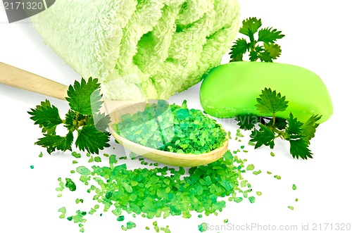 Image of Salt in a spoon and soap green with nettles