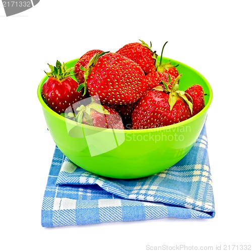 Image of Strawberries in a green bowl with a napkin