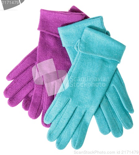 Image of Multi-coloured woollen gloves on a white background