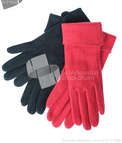 Image of Multi-coloured woollen gloves on a white background