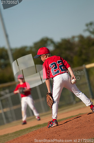 Image of Little league baseball pitcher looking at batter.