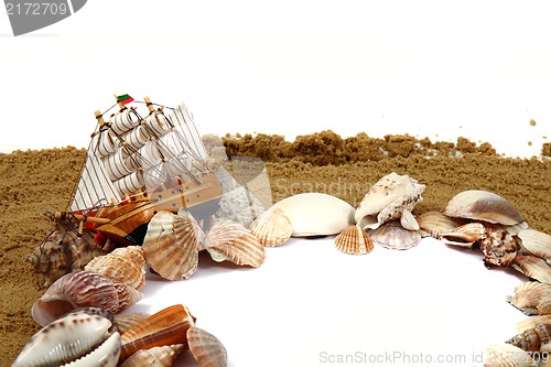 Image of sand frame with the shells and boat