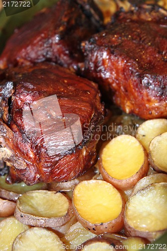 Image of roasted pork knuckle with potatoes