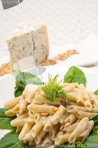 Image of Italian pasta penne gorgonzola and pine nuts