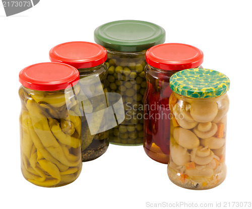 Image of mushrooms peppers cucumbers tomatoes preserve jar 