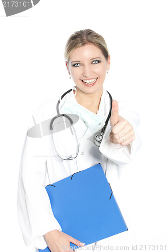 Image of Happy female doctor giving a thumbds up