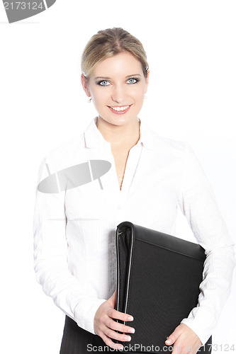 Image of Smiling office worker carrying a file