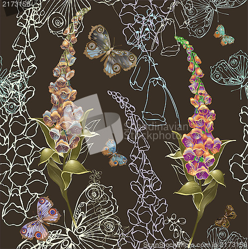 Image of Seamless background. Illustration  foxglove and butterflies.