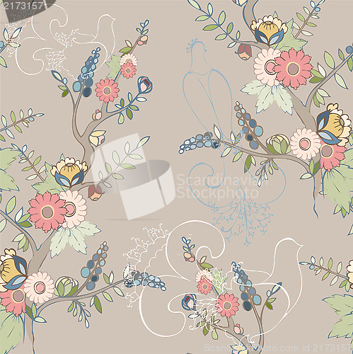 Image of Seamless background. Illustration blossoming tree and bird. 