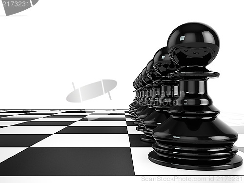 Image of Black pawns stand in a row on a chessboard