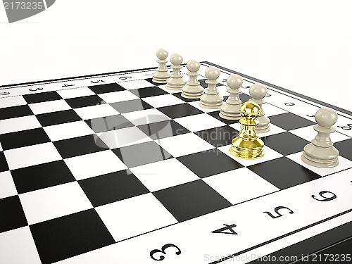 Image of gold pawn and some white pawns - strategy and leadership concept