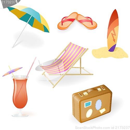 Image of Vector Beach Set From Chaise Lounge, Beach  Umbrella, Beach Footwear, Cocktail, Suitcase and Surfboard