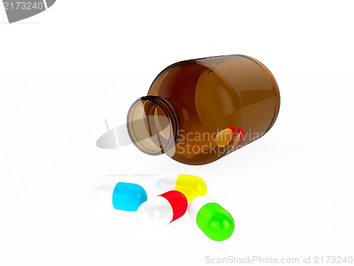 Image of Glass medical container for pills or capsules and different colors capsules