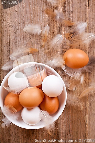 Image of brown and white eggs in a bowl