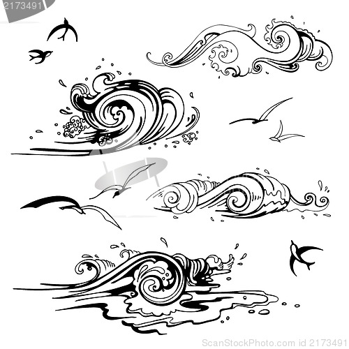 Image of Sea waves set. Hand drawn vector illustration.