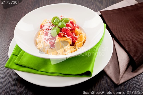 Image of tasty fresh homemade ravioli and tomato sauce