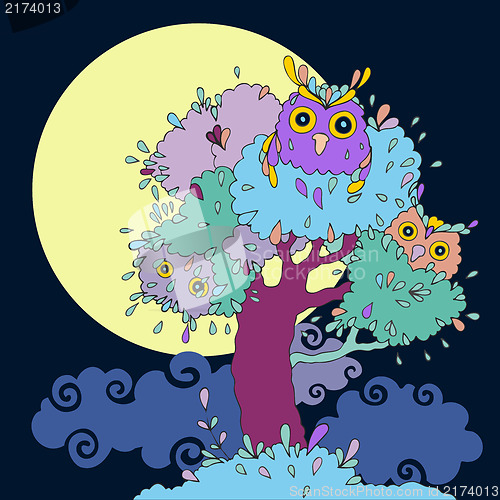 Image of Owls in tree. Funny cartoon illustration.