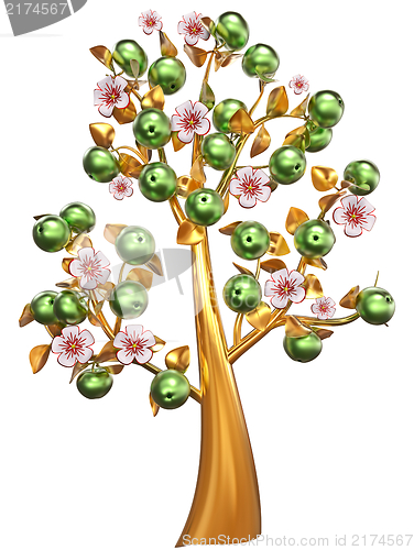 Image of golden tree with green apples and white flowers