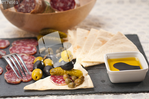 Image of cold cut platter with pita bread and pickles