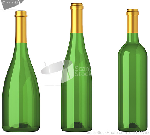 Image of Three green bottles for wine with golden labels isolated