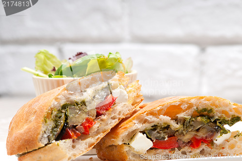 Image of ciabatta panini sandwichwith vegetable and feta