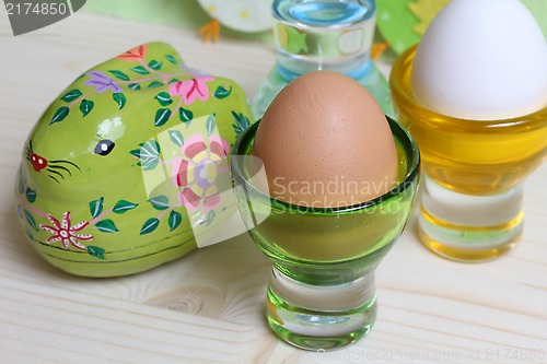 Image of Easter wooden bunny and eggs