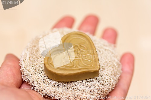 Image of Heart soap on the sponge