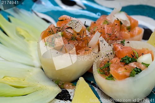 Image of Salmon tartar in onion cups