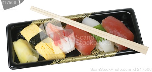 Image of Sushi tray and chopsticks-clipping path