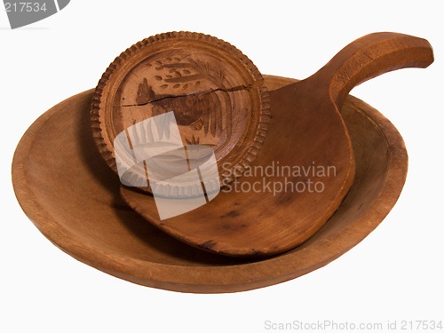 Image of Antique butter stamp, scoop, bowl