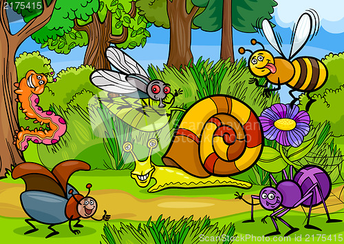 Image of cartoon insects on nature rural scene