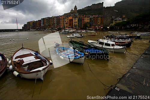 Image of  boat water house and coastline in porto venere