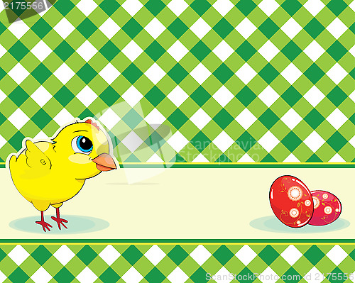 Image of checkered background with chicken and easter eggs