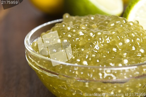 Image of tapioca pearls with lime. white bubble tea ingredients