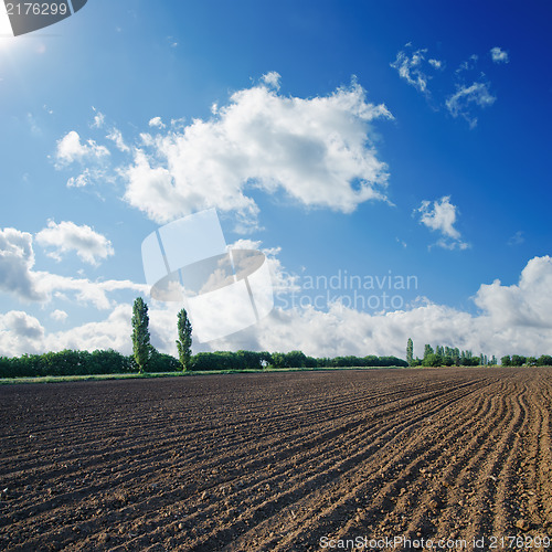 Image of black ploughed field under blue sky with sun
