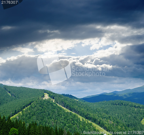 Image of Beautiful green mountain landscape under dramatic sky in Carpath