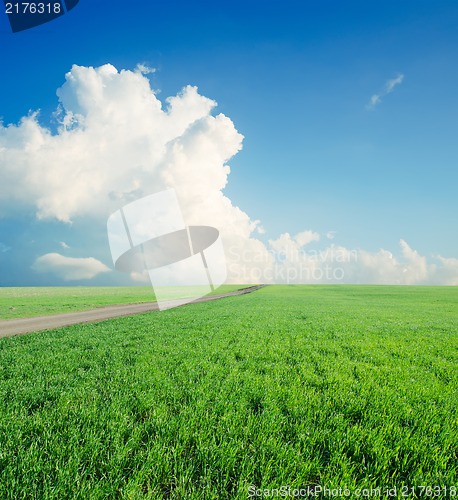 Image of summer landscape with green field and blue cloudy sky