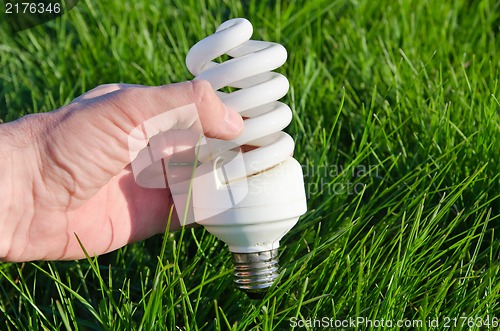 Image of energy saving lamp in hand over green grass