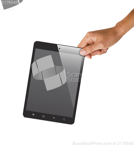Image of isolated hand holding tablet