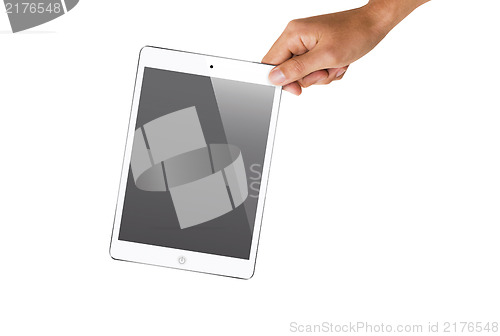 Image of isolated hand holding tablet