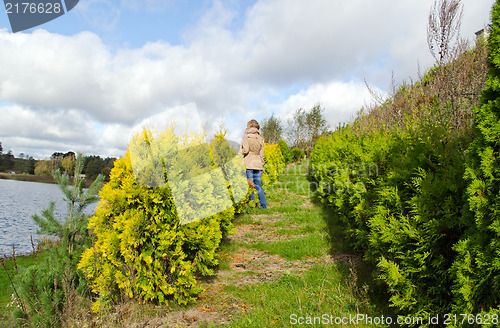 Image of blond woman stand thuja bush alley admire lake 