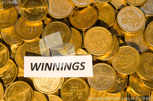 Image of Winnings sign at a coin stack