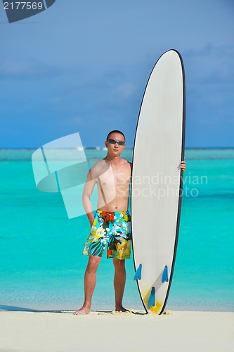 Image of Man with surf board on beach