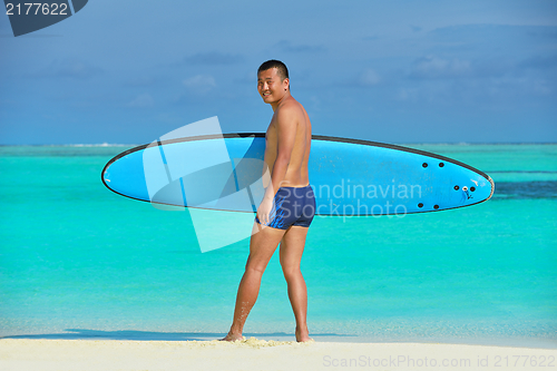 Image of Man with surf board on beach