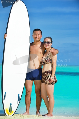 Image of happy young  couple enjoying summer on beach